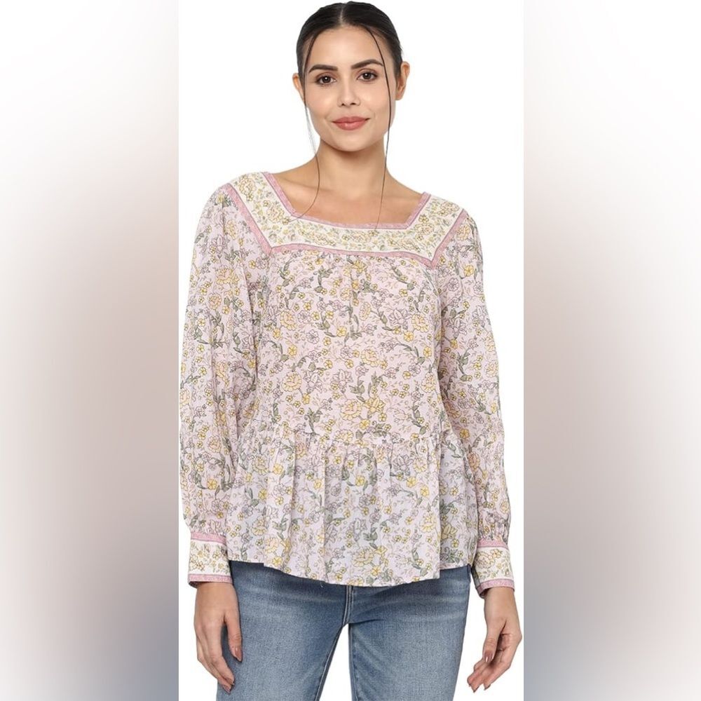 NWT American Eagle AE Floral Peasant Top Blouse Pink Square Neck Boho Size LARGE